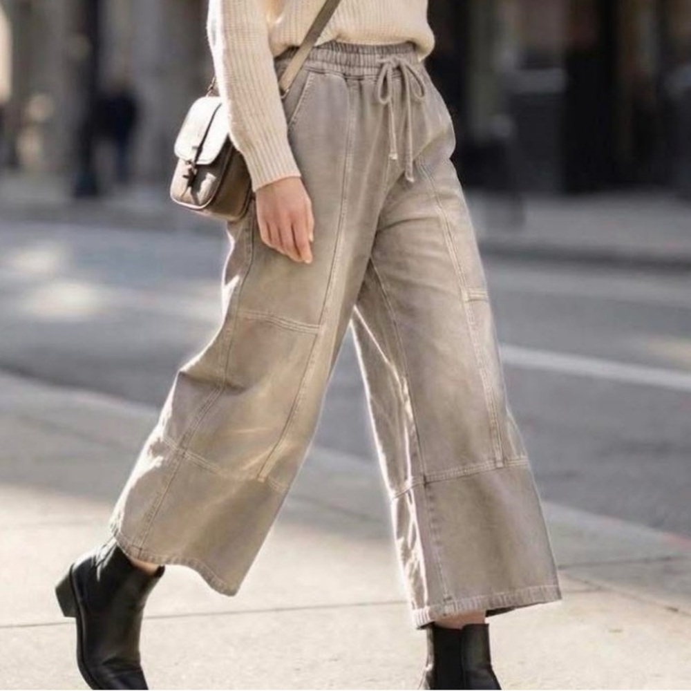 Zenana Outfitters Wide-Leg Drawstring Pants in Taupe